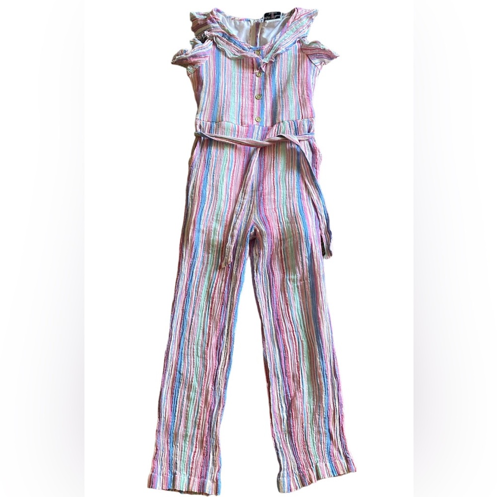 Rare Editions Striped Ruffle Jumpsuit, Little Girl's‎ Size 12